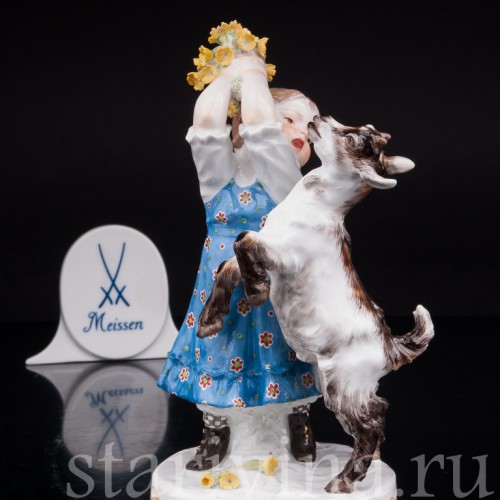 Антикварная фарфоровая статуэтка Девочка с козлёнком, Meissen, Германия, 1905-25 гг.