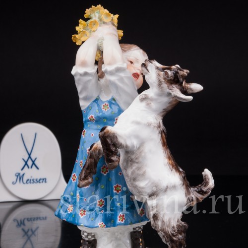 Антикварная фарфоровая статуэтка Девочка с козлёнком, Meissen, Германия, 1905-25 гг.