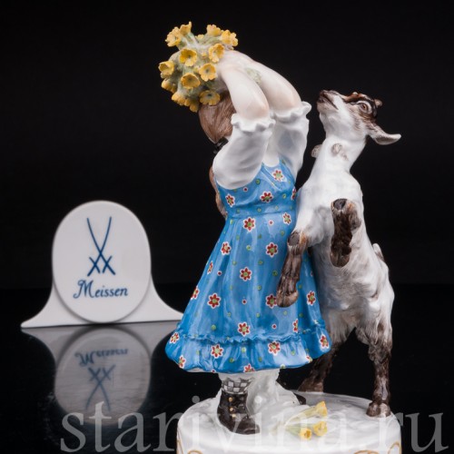 Антикварная фарфоровая статуэтка Девочка с козлёнком, Meissen, Германия, 1905-25 гг.