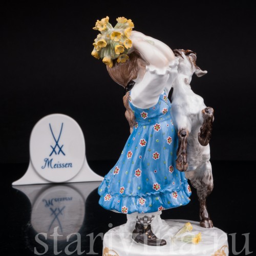 Антикварная фарфоровая статуэтка Девочка с козлёнком, Meissen, Германия, 1905-25 гг.