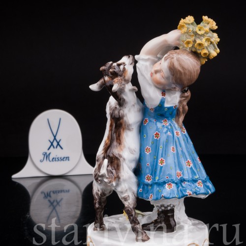 Антикварная фарфоровая статуэтка Девочка с козлёнком, Meissen, Германия, 1905-25 гг.