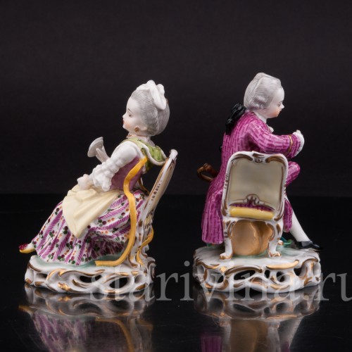 Антикварные фарфоровые статуэтки Пара на стульях, миниатюра, Carl Thieme, Германия, кон.19 в.