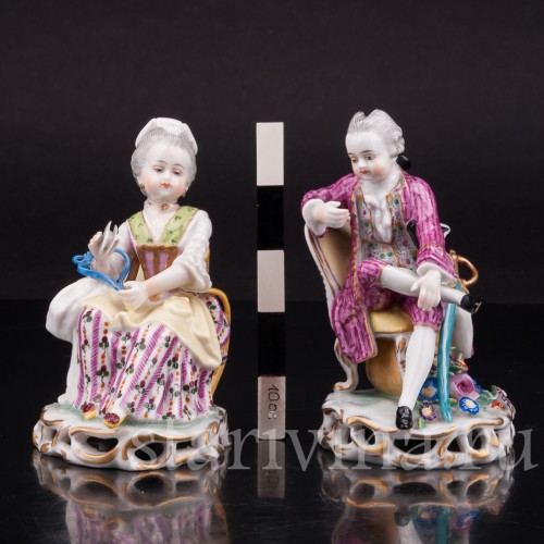 Антикварные фарфоровые статуэтки Пара на стульях, миниатюра, Carl Thieme, Германия, кон.19 в.