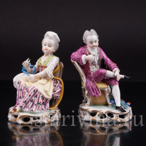 Антикварные фарфоровые статуэтки Пара на стульях, миниатюра, Carl Thieme, Германия, кон.19 в.