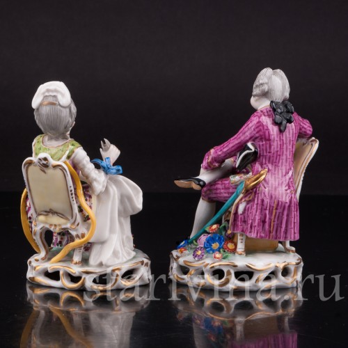 Антикварные фарфоровые статуэтки Пара на стульях, миниатюра, Carl Thieme, Германия, кон.19 в.
