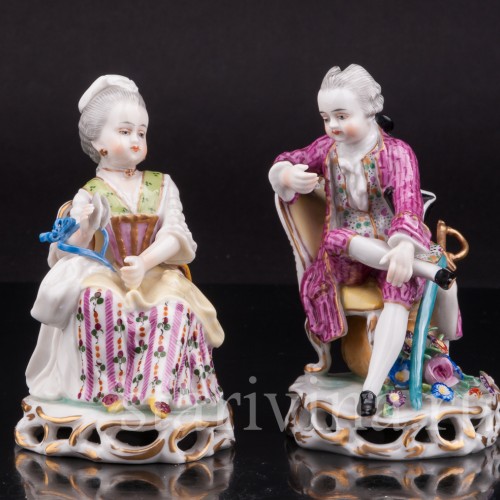 Антикварные фарфоровые статуэтки Пара на стульях, миниатюра, Carl Thieme, Германия, кон.19 в.