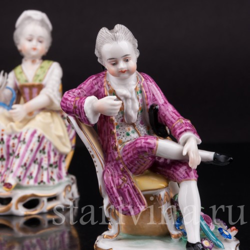 Антикварные фарфоровые статуэтки Пара на стульях, миниатюра, Carl Thieme, Германия, кон.19 в.