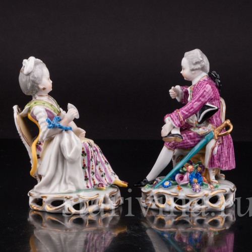 Антикварные фарфоровые статуэтки Пара на стульях, миниатюра, Carl Thieme, Германия, кон.19 в.