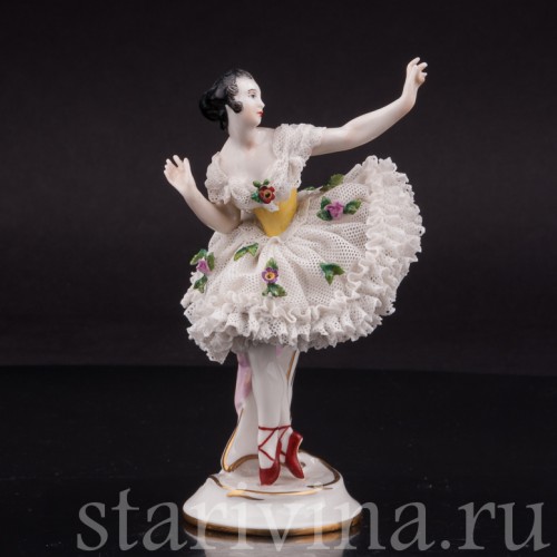 Фигурка из фарфора Балерина, миниатюра, кружевная, Volkstedt, Германия, до 1935 г.