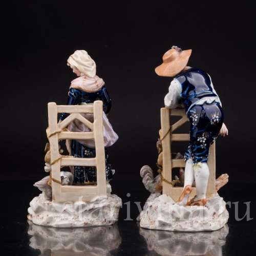 Парные фарфоровые статуэтки Птичники, пара с домашней птицей, E. A. Muller, Германия, кон. 19, нач. 20 вв.