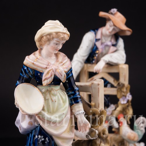 Парные фарфоровые статуэтки Птичники, пара с домашней птицей, E. A. Muller, Германия, кон. 19, нач. 20 вв.