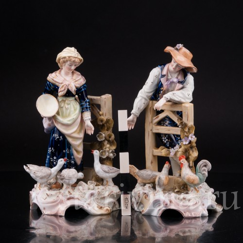 Парные фарфоровые статуэтки Птичники, пара с домашней птицей, E. A. Muller, Германия, кон. 19, нач. 20 вв.
