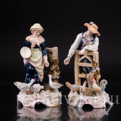 Парные фарфоровые статуэтки Птичники, пара с домашней птицей, E. A. Muller, Германия, кон. 19, нач. 20 вв.