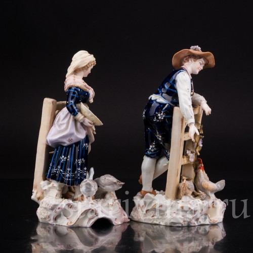 Парные фарфоровые статуэтки Птичники, пара с домашней птицей, E. A. Muller, Германия, кон. 19, нач. 20 вв.