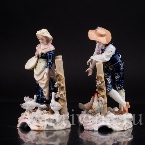 Парные фарфоровые статуэтки Птичники, пара с домашней птицей, E. A. Muller, Германия, кон. 19, нач. 20 вв.
