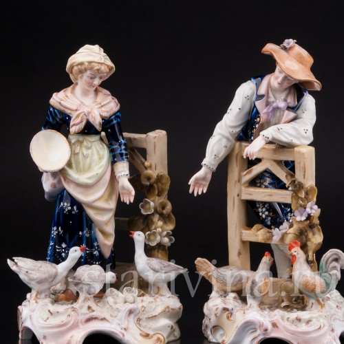 Парные фарфоровые статуэтки Птичники, пара с домашней птицей, E. A. Muller, Германия, кон. 19, нач. 20 вв.