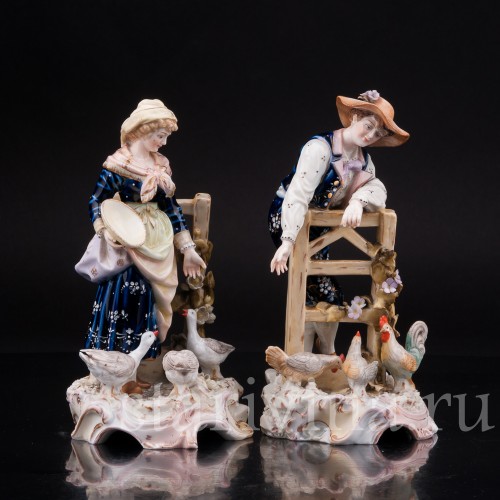 Парные фарфоровые статуэтки Птичники, пара с домашней птицей, E. A. Muller, Германия, кон. 19, нач. 20 вв.