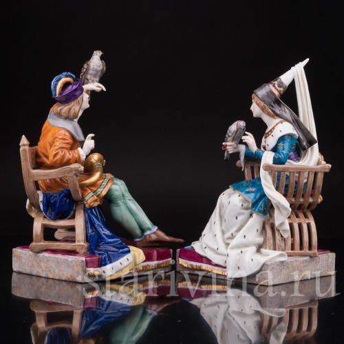 Парные фарфоровые статуэтки Пара с соколами, Dressel, Kister & Co, Германия, 1907-20 гг.