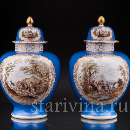 Парные фарфоровые вазы Сцены охоты, Helena Wolfsohn, Германия, 1875-83 гг.