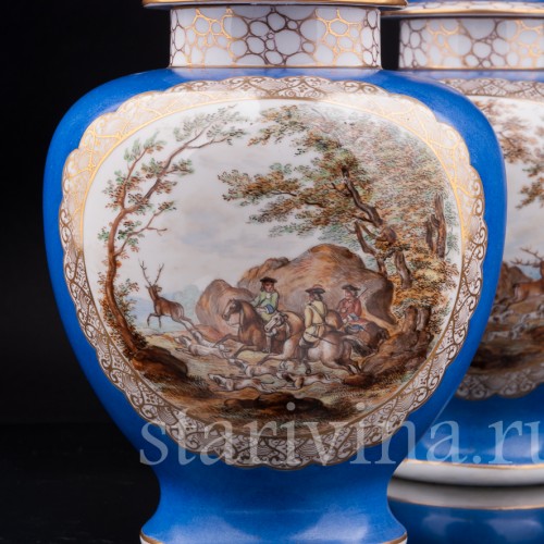 Парные фарфоровые вазы Сцены охоты, Helena Wolfsohn, Германия, 1875-83 гг.