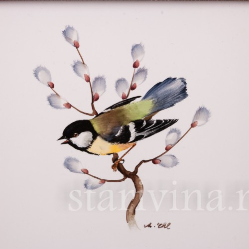 Картина на фарфоре Синица на ветке вербы, Rosenthal, Германия, сер. 20 в.