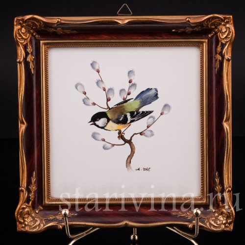 Картина на фарфоре Синица на ветке вербы, Rosenthal, Германия, сер. 20 в.