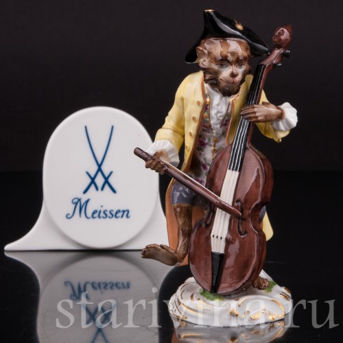 Фарфоровая статуэтка Обезьяна с контрабасом, Meissen, Германия, сер. 19 - нач. 20 вв.