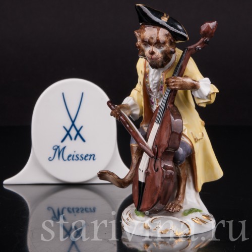 Фарфоровая статуэтка Обезьяна с контрабасом, Meissen, Германия, сер. 19 - нач. 20 вв.