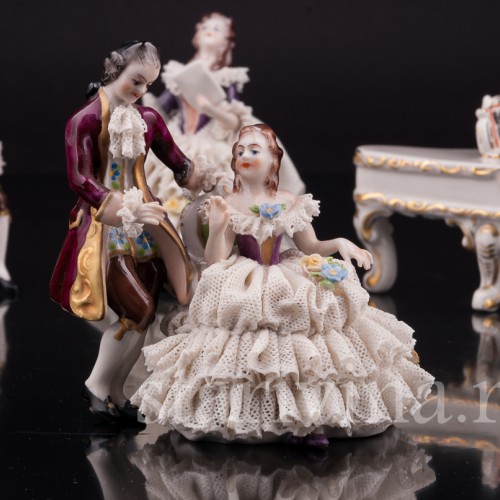 Композиция из фарфора Оркестр, 5 предметов, кружевные миниатюры, Volkstedt, Германия, вт. пол. 20 в.