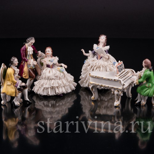 Композиция из фарфора Оркестр, 5 предметов, кружевные миниатюры, Volkstedt, Германия, вт. пол. 20 в.