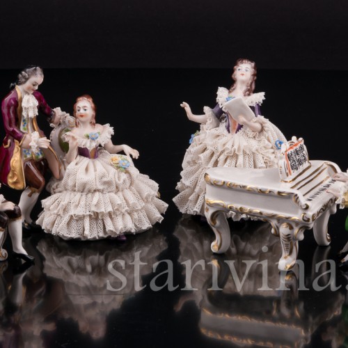 Композиция из фарфора Оркестр, 5 предметов, кружевные миниатюры, Volkstedt, Германия, вт. пол. 20 в.