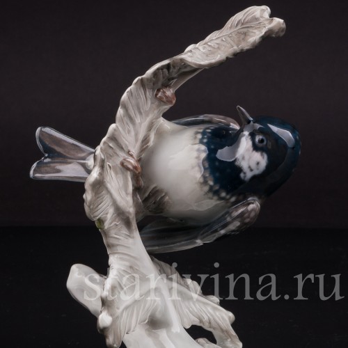Фигурка птицы из фарфора Синица-московка на еловой ветке, Rosenthal, Германия, 1950 гг.