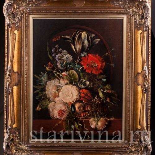 Картина маслом, натюрморт Цветы в корзине, Германия, вт. пол. 20 в.