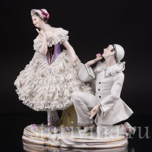 Фарфоровая композиция Пьеро и Коломбина, кружевная, Volkstedt, Германия, до 1935 г.