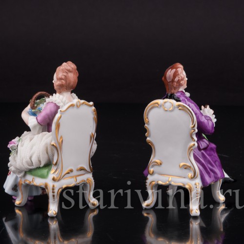 Фарфоровые статуэтки Пара на креслах, кружевная, миниатюра, Muller & Co, Германия, перв. пол 20 в.