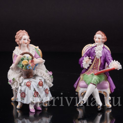 Фарфоровые статуэтки Пара на креслах, кружевная, миниатюра, Muller & Co, Германия, перв. пол 20 в.