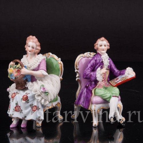 Фарфоровые статуэтки Пара на креслах, кружевная, миниатюра, Muller & Co, Германия, перв. пол 20 в.