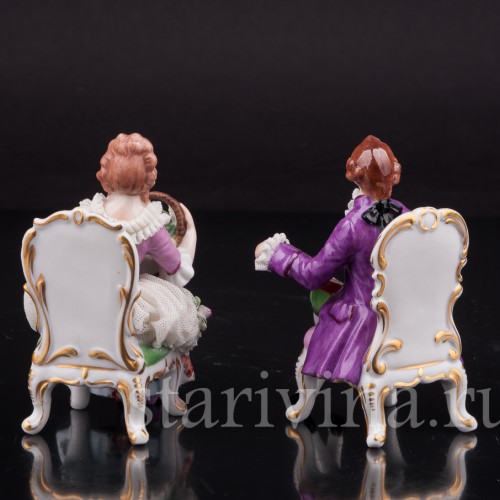 Фарфоровые статуэтки Пара на креслах, кружевная, миниатюра, Muller & Co, Германия, перв. пол 20 в.