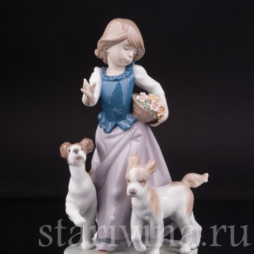 Фарфоровая фигурка Девушка с двумя собаками, Lladro, Испания, 1990 г.