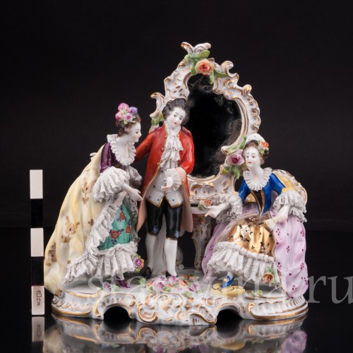 Композиция из фарфора Трио у зеркала, кружевная, Volkstedt, Германия, до 1935 г.