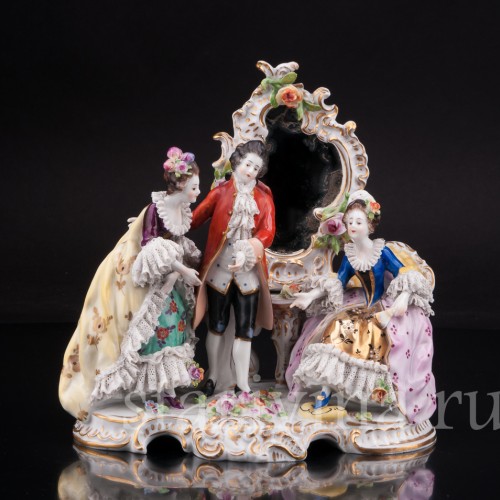 Композиция из фарфора Трио у зеркала, кружевная, Volkstedt, Германия, до 1935 г.