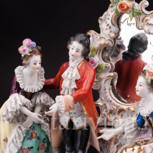 Композиция из фарфора Трио у зеркала, кружевная, Volkstedt, Германия, до 1935 г.