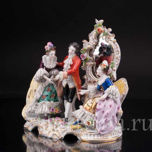 Композиция из фарфора Трио у зеркала, кружевная, Volkstedt, Германия, до 1935 г.