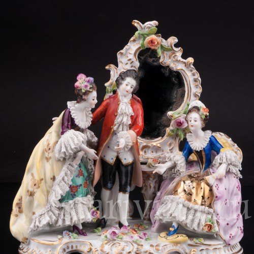 Композиция из фарфора Трио у зеркала, кружевная, Volkstedt, Германия, до 1935 г.