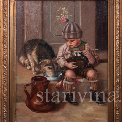 Картина маслом на холсте Мальчик в кожаных штанах с собакой, Германия, ок. 1900 г.