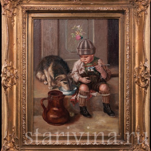 Картина маслом на холсте Мальчик в кожаных штанах с собакой, Германия, ок. 1900 г.