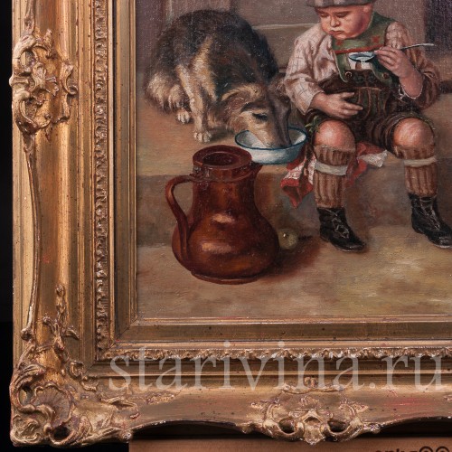 Картина маслом на холсте Мальчик в кожаных штанах с собакой, Германия, ок. 1900 г.