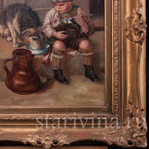 Картина маслом на холсте Мальчик в кожаных штанах с собакой, Германия, ок. 1900 г.