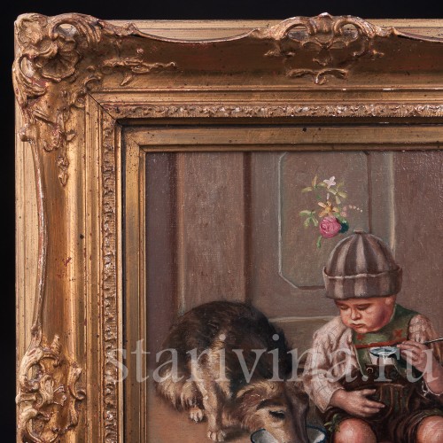 Картина маслом на холсте Мальчик в кожаных штанах с собакой, Германия, ок. 1900 г.