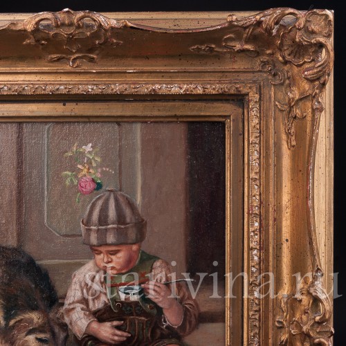 Картина маслом на холсте Мальчик в кожаных штанах с собакой, Германия, ок. 1900 г.